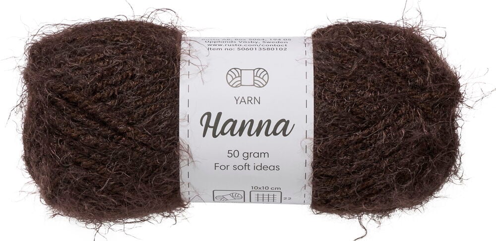 Hanna 50g ruskea pörröinen lankakerä valkoisella tuoteetiketillä.