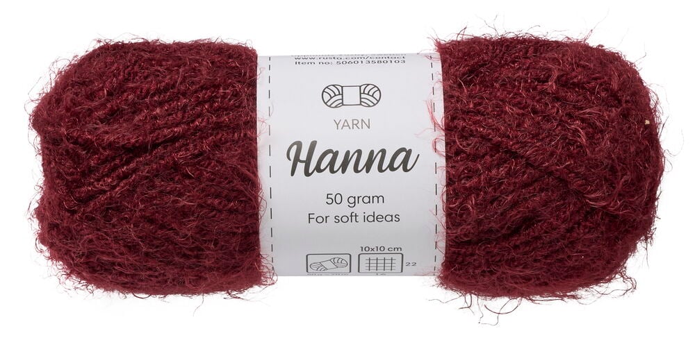 Kuvassa on yksi Hanna 50 g viininpunainen pörröinen lankakerä valkoisella etiketillä.