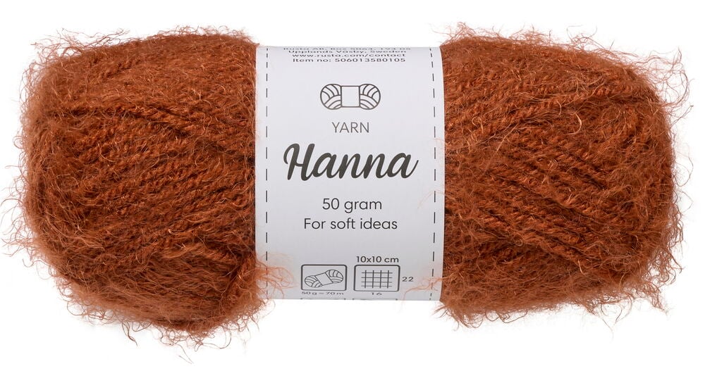 Kerä ruosteenruskeaa Hanna lankaa, 50g, valkoisella etiketillä.