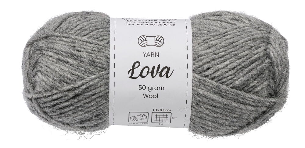 Harmaa 50 gramman Lanka Lova -lankakerä valkoisella etiketillä.