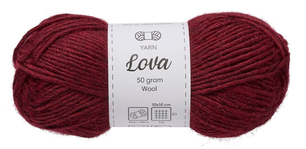 Lanka Lova 50 g Viininpunainen kerä valkoisella etiketillä.