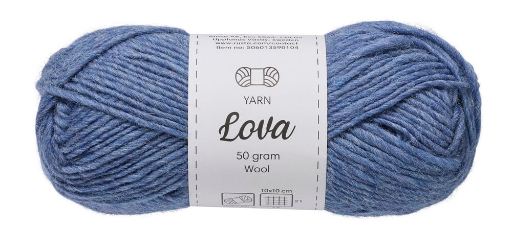 Yksi kerä Lanka Lova 50 g Sininen, valmistettu villasta, valkoisella etiketillään.