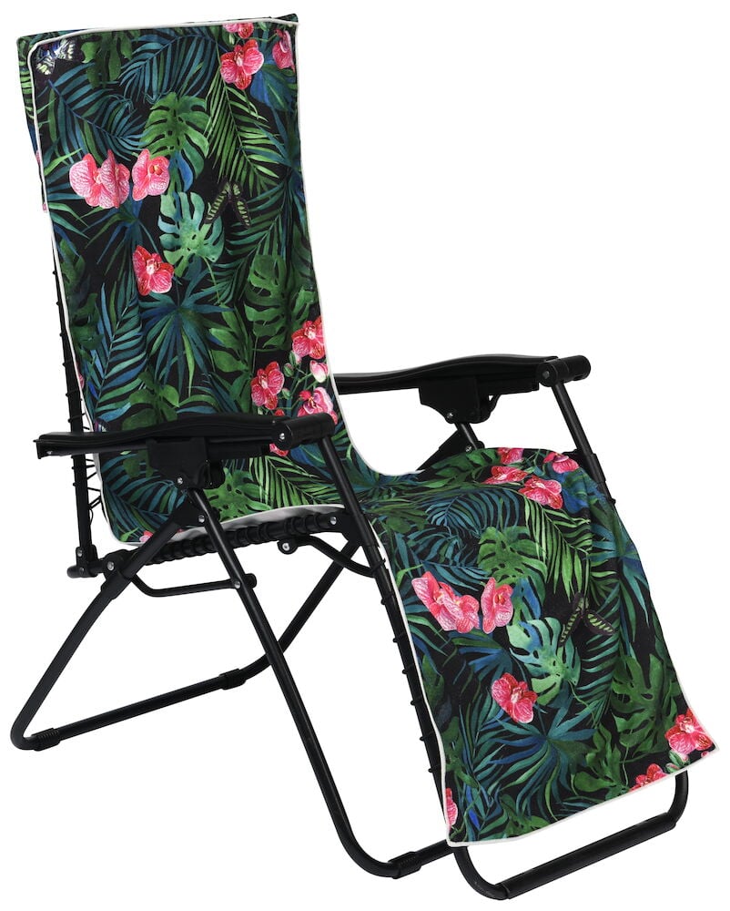 Handtuch Baden 170x58 cm Gemischte Muster mit grünen Blättern, rosa Orchideen und weißem Saum auf schwarzem Stuhl.