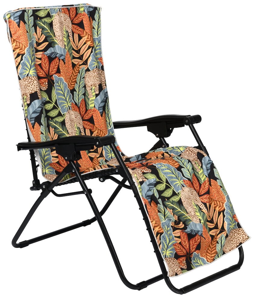 Handtuch Baden 170x58 cm mit gemischtem Leopard- und Tropenblattmuster über einem schwarzen Liegestuhl.