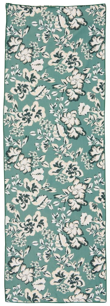 Rektangulær håndkle med grønt tropisk blomstermønster.