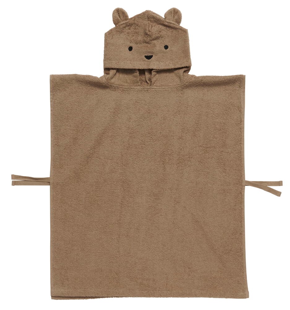 Ruskea lasten poncho, jossa huppu ja karhun kasvot.