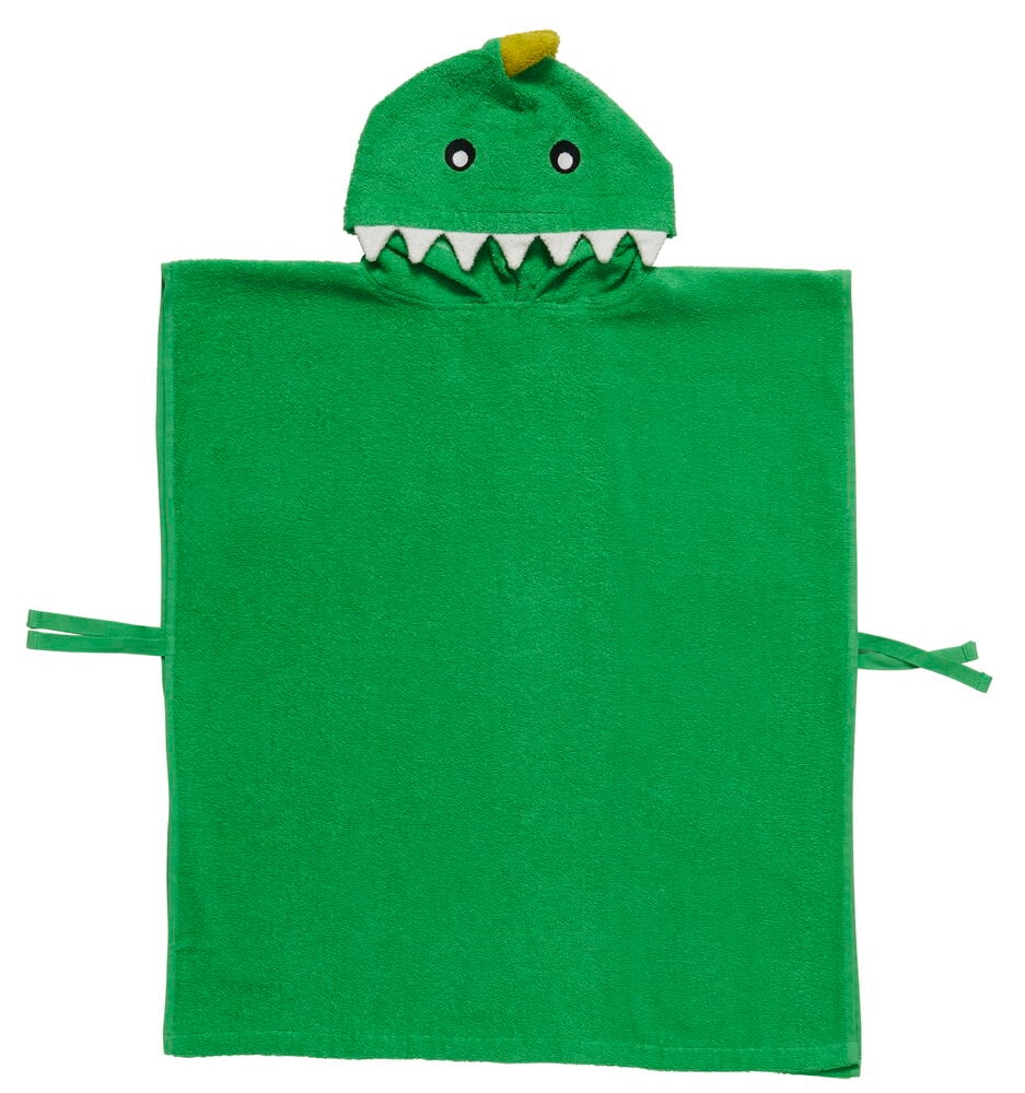 Grüner Badeponcho für Kinder mit Tierkapuze und Bindeband.