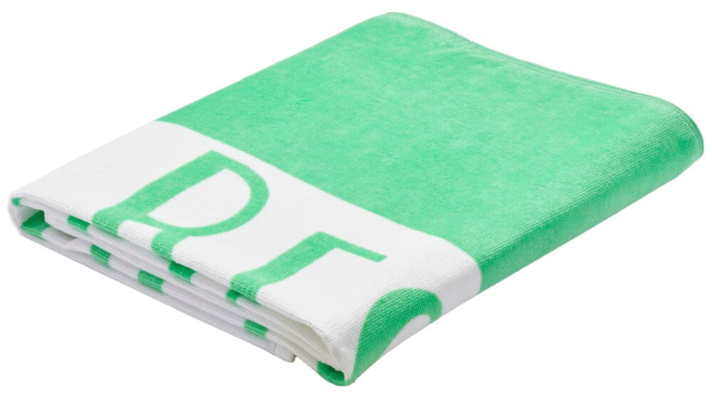 Vekt stripete strandhåndkle i grått og grønt.