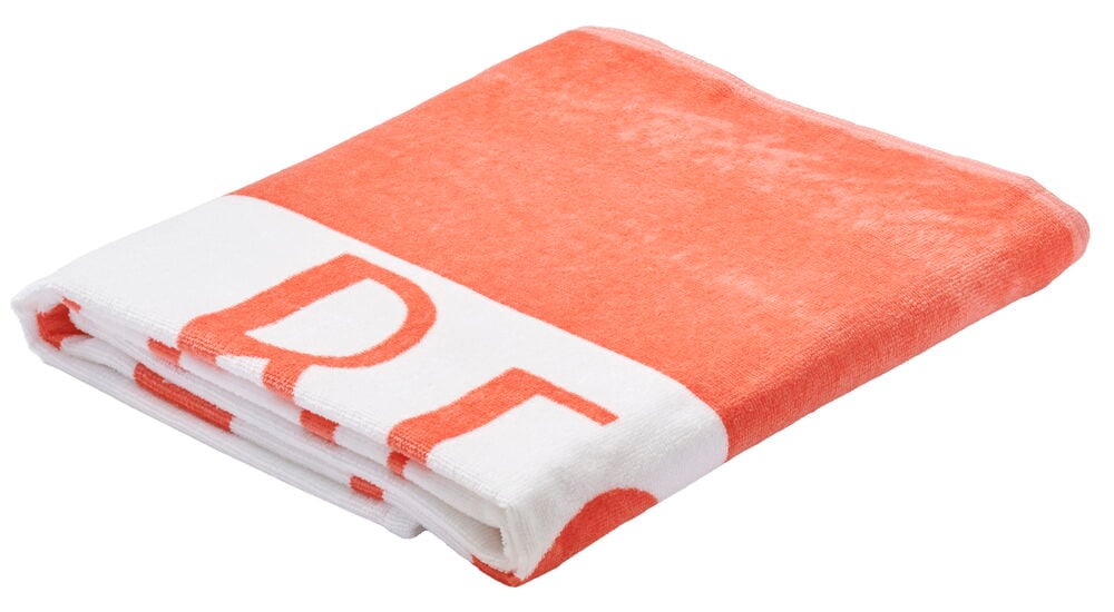 En veid strandhåndkle i lilla og fersken.