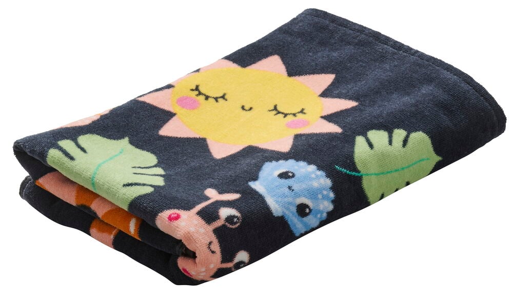 Rantapyyhe 65x135 cm Tic Tac Toe, tummansininen, jossa keltainen nukkuva aurinko ja värikkäitä merieläimiä.