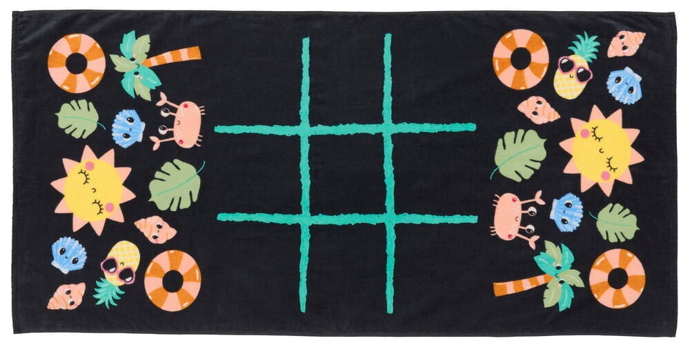 Rantapyyhe 65x135 cm Tic Tac Toe mustalla pohjalla ja värikkäillä rantateemaisilla kuvituksilla.
