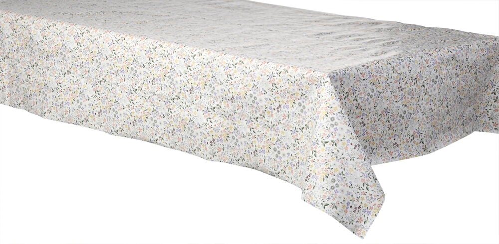 Lyst blomstrete voksduk på rektangulært bord.