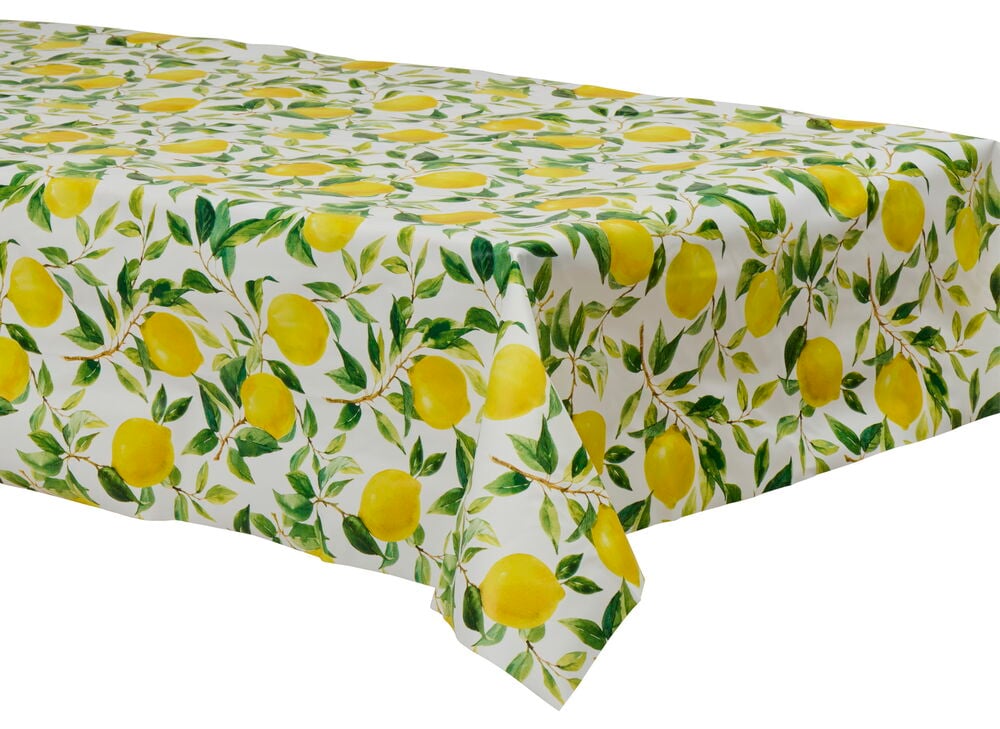 Voksduk med sitronmotiv på hvit bakgrunn.