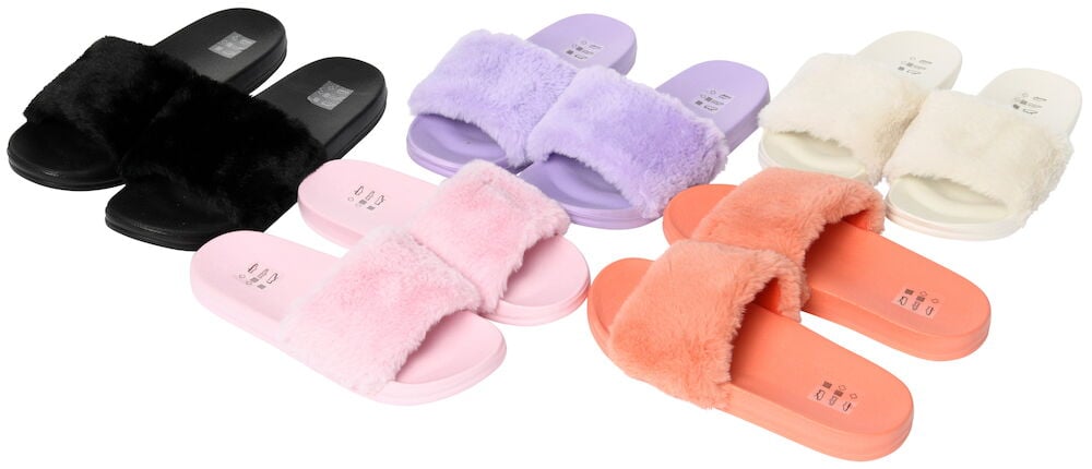 Fem par mjuka damtofflor i olika färger.