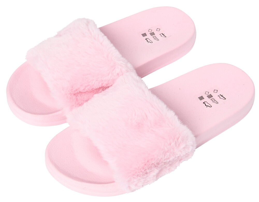 Rosa öppna tofflor med mjukt fluffigt band.