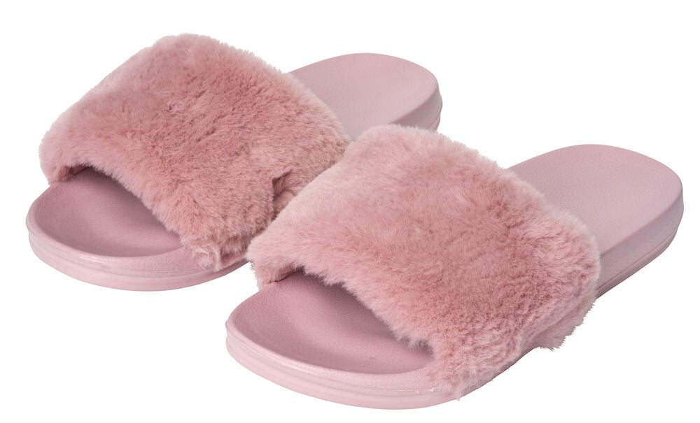 Rosa fluffiga inomhus tofflor med öppen tå.