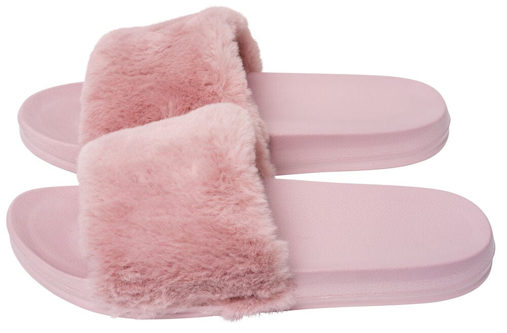 Rosa tofflor med mjuk teddyfoder och sula.