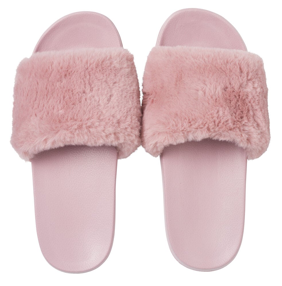 Rosa tofflor med mjukt fluffigt band.