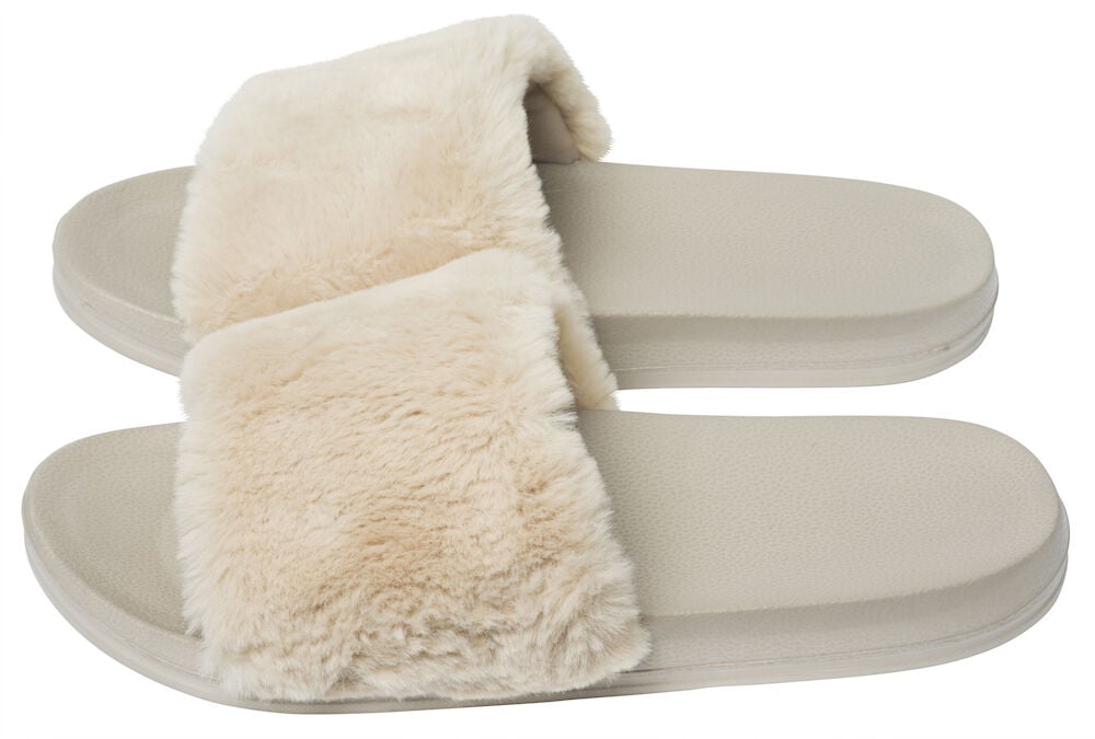 Beige tofflor med mjuk plysch ovandel.