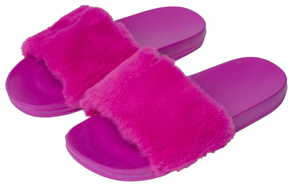 Rosa damtofflor med lurvig ovandel.