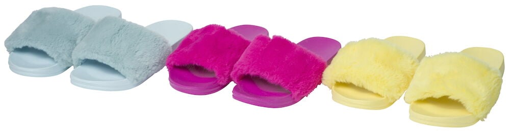 Fem par mjuka tofflor i blått rosa gult.