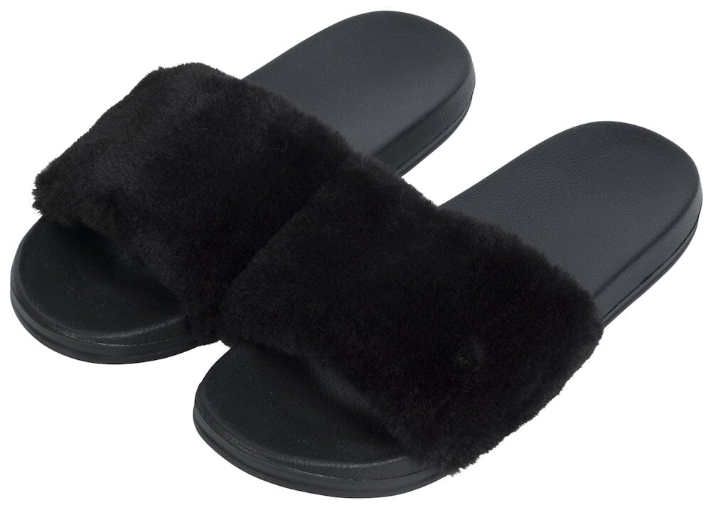 Svarta mjuka inomhustofflor med bred pälsrem.