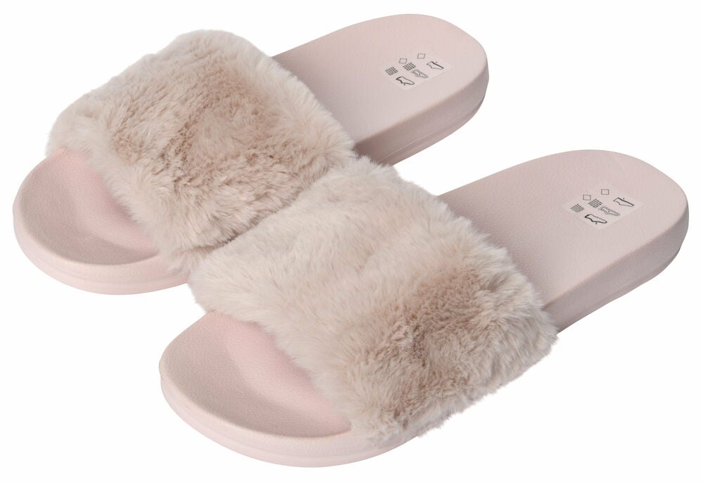 Rosa tofflor med mjuk korsad fuskpäls.