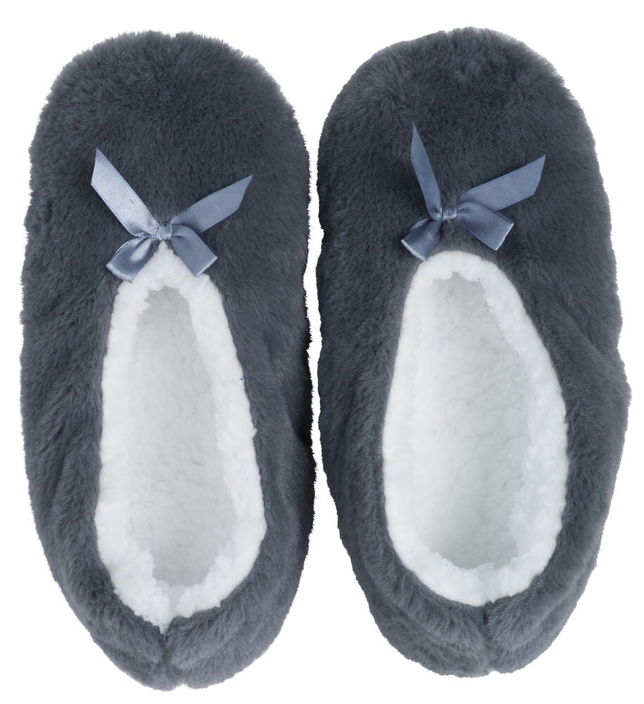 Grå ballerinatofflor med dekorativ rosett framtill.