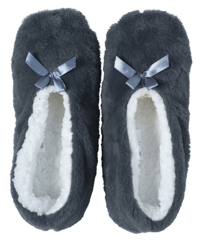 Gråa mjuka ballerinatofflor med vit insida och rosett.