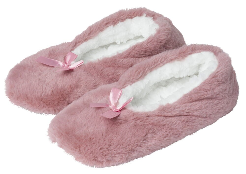 Rosa ballerinatofflor med rosett och vit insida.