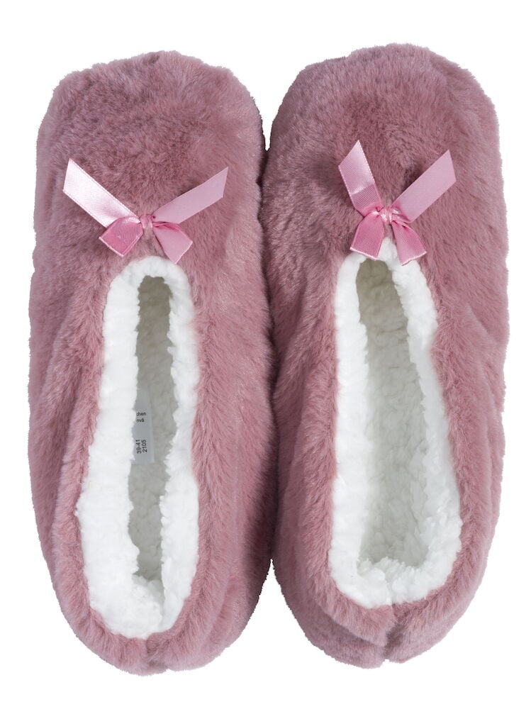 Rosa ballerinatofflor med rosett och vit insida.