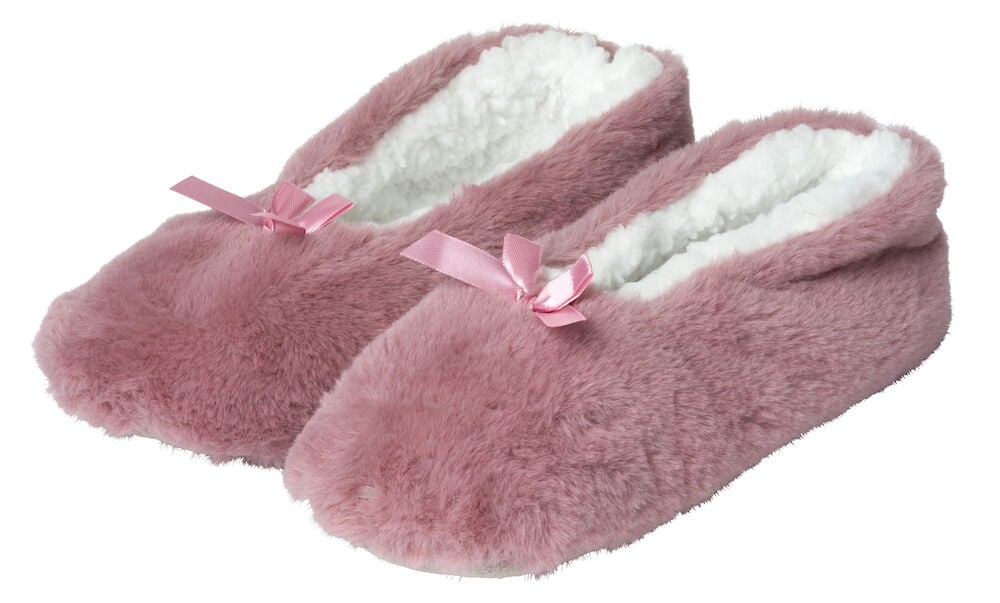 Rosa fluffiga tofflor med liten rosett fram.