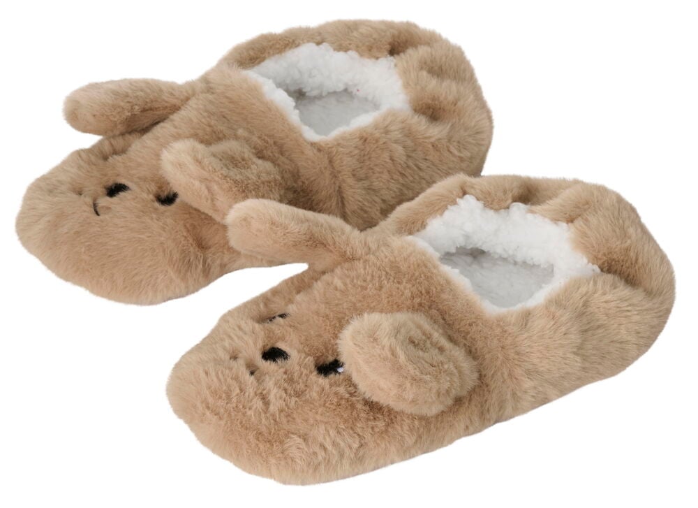 Ett par bruna lurviga polyester Tofflor Pets med broderade ansikten och vitt innerfoder.
