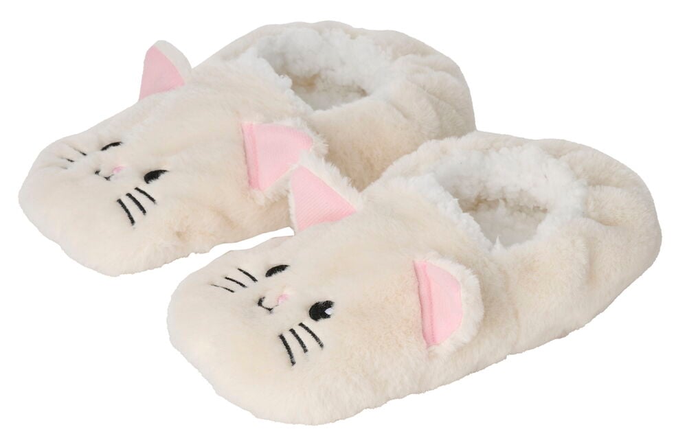 Ett par fluffiga naturvita Tofflor Pets i kattform med rosa öron och broderade ansikten.