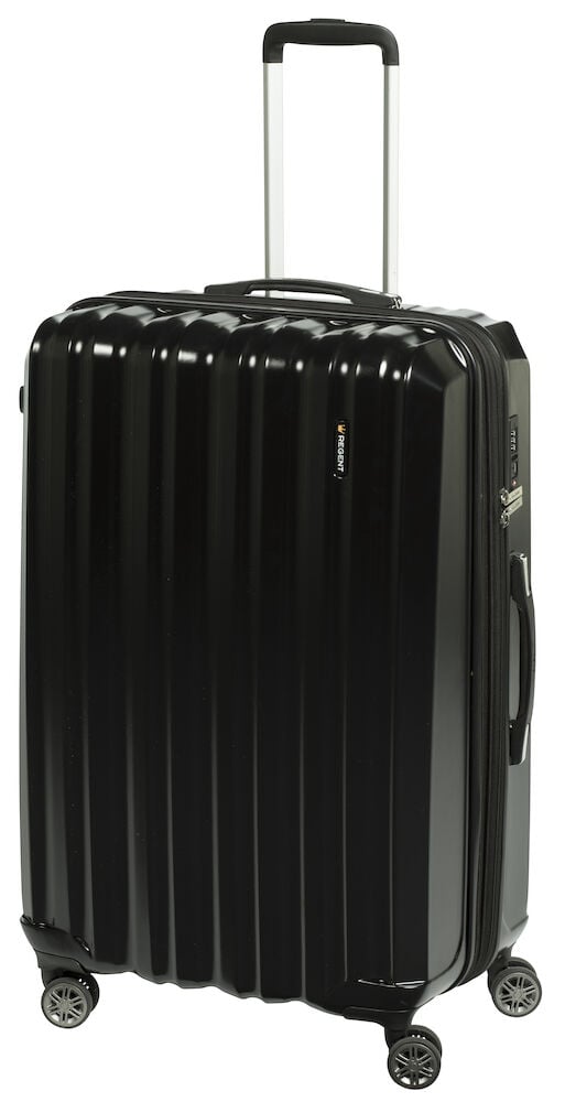 Stor svart resväska med fyra hjul och teleskophandtag.