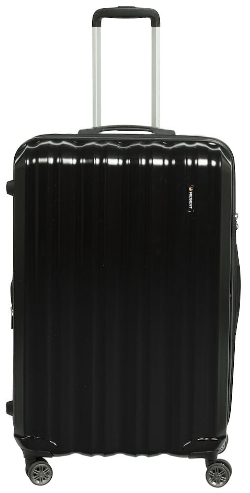 Stor svart resväska med fyra hjul och teleskophandtag.