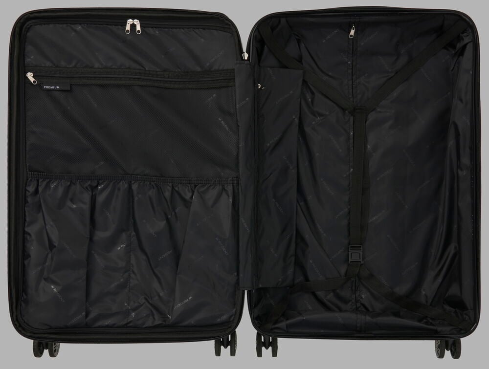 Öppen stor svart resväska med fack och remmar.