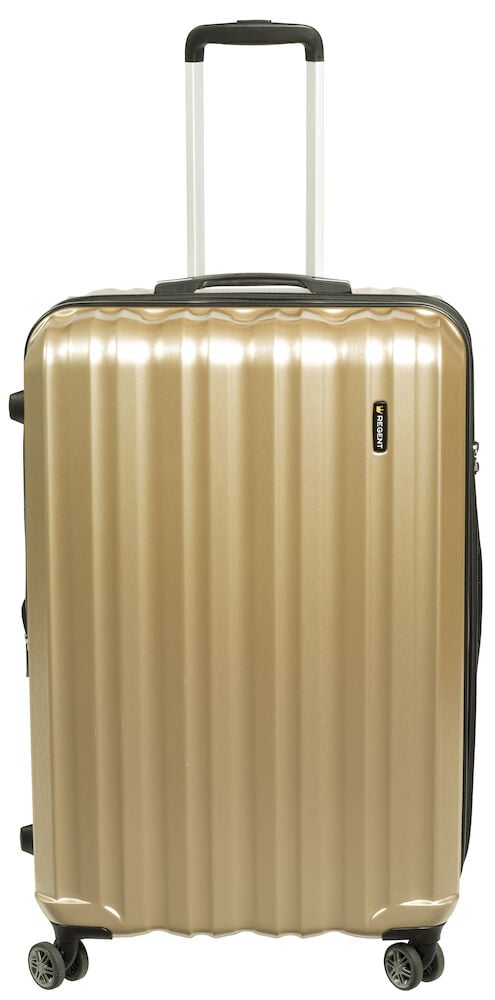 Stor champagnefärgad resväska med fyra hjul.