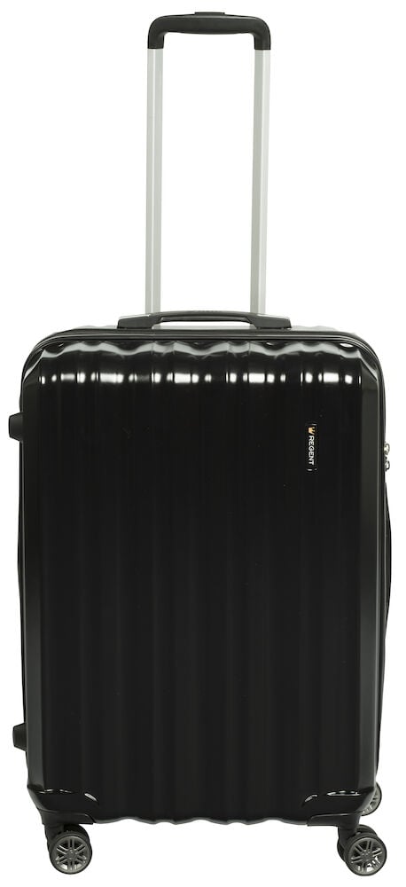 Svart resväska med teleskophandtag och fyra hjul.