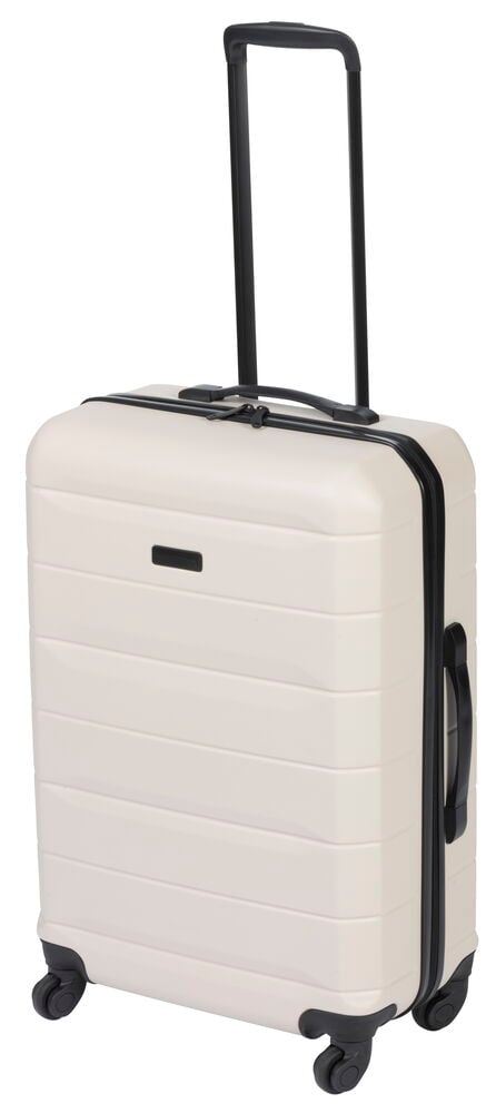 Beiger Koffer mit vier Rollen und Teleskopgriff.