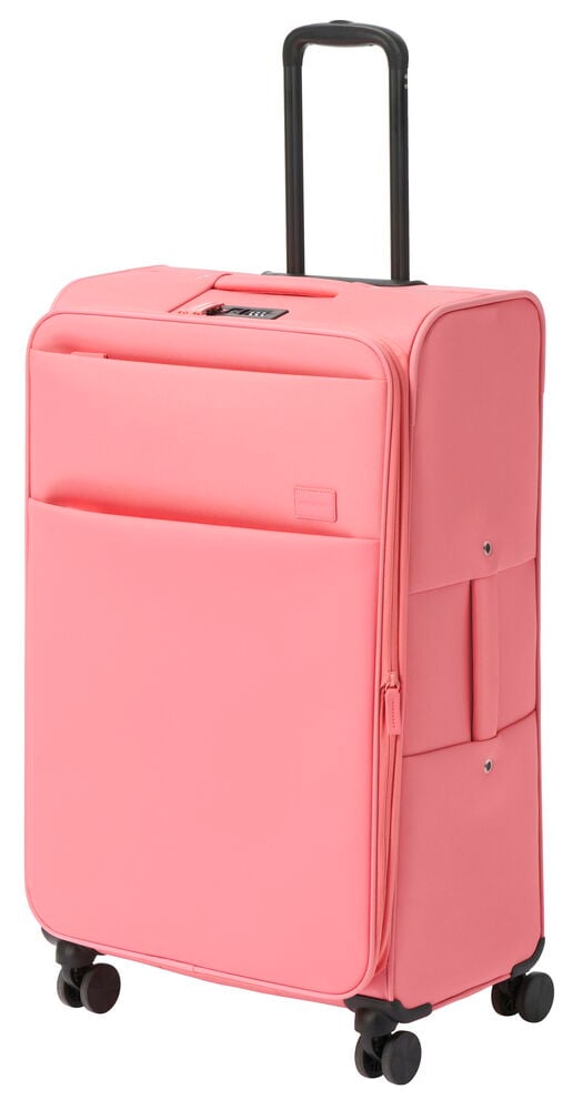 Rosa großer Rollkoffer mit vier Rädern und Teleskopgriff.