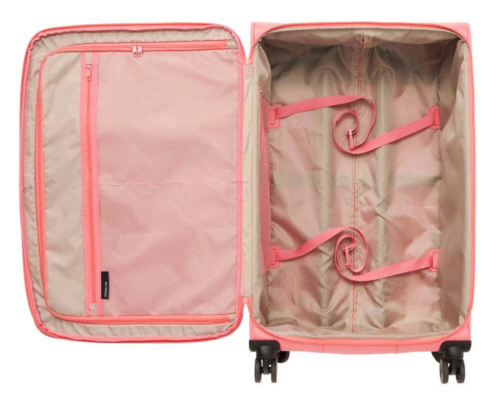 Öppen rosa resväska med fack och spännband.