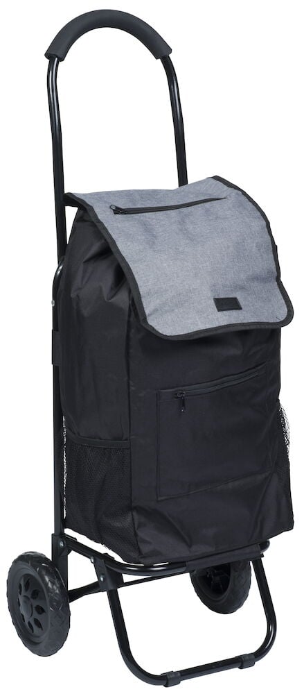 Svart shoppingvagn med hjul och grått lock.