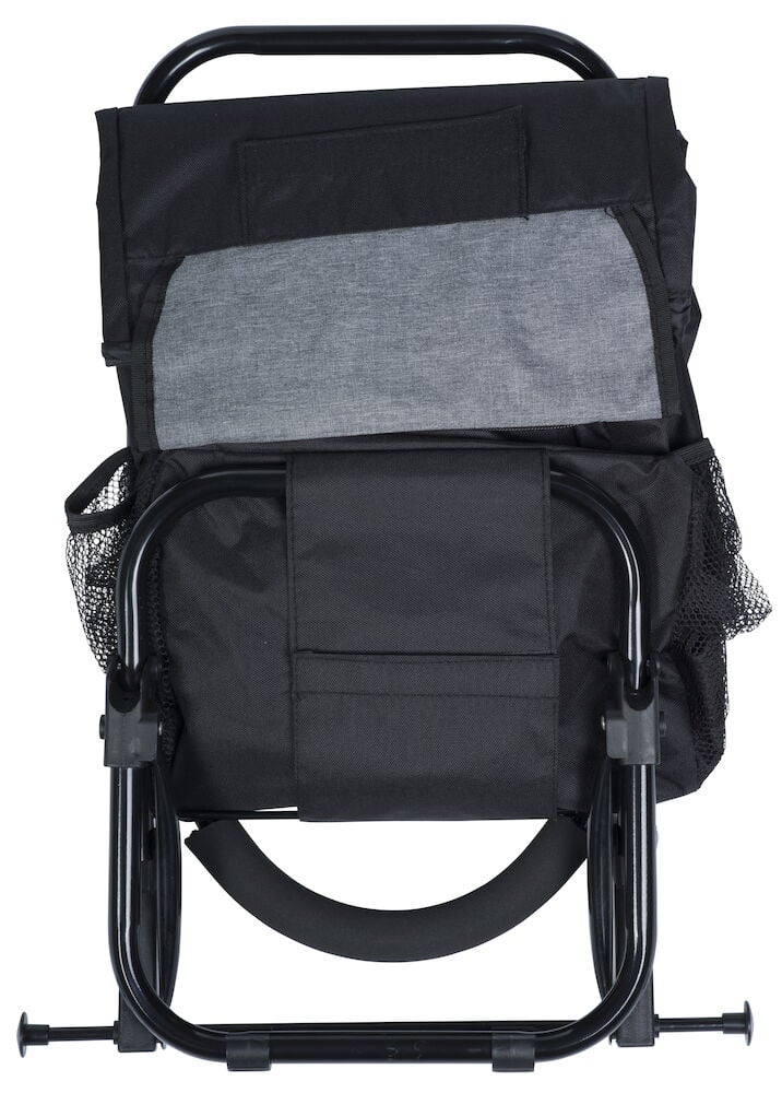 Svart shoppingvagn med hopfällbart handtag och tygsäte.