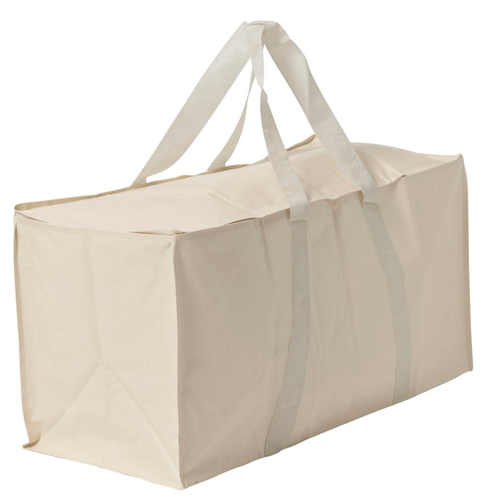 Beige Taitettava kassi 80x39x35 cm valkoisilla kahvoilla.
