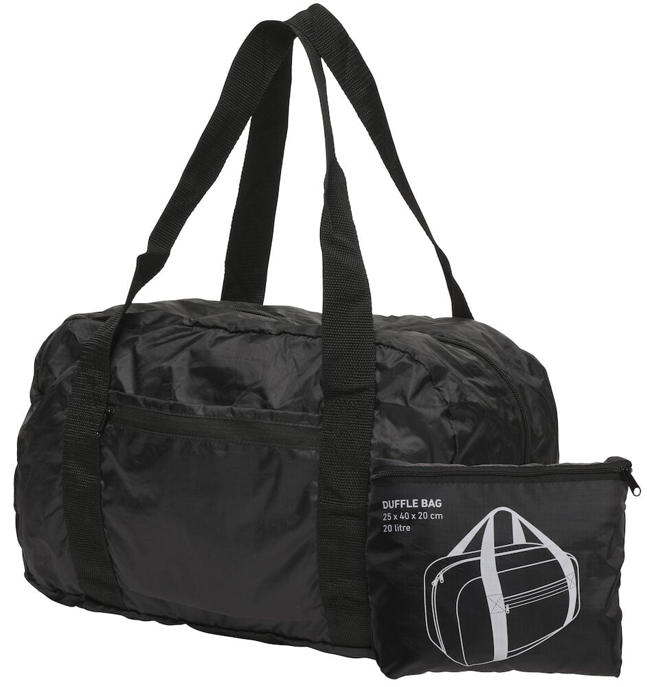 Svart duffelbag med bärhandtag och tillhörande förvaringspåse.