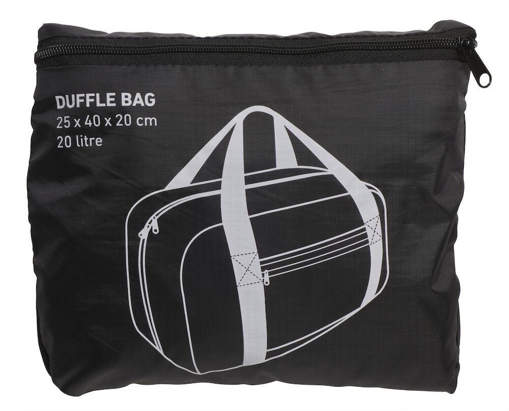 Svart duffelbag med vitt tryck och dragkedja.