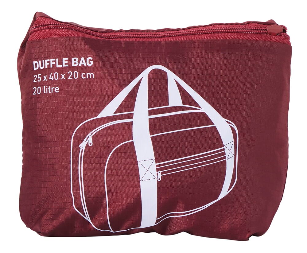 Hopvikt vinröd duffelbag med vit tryckt illustration.