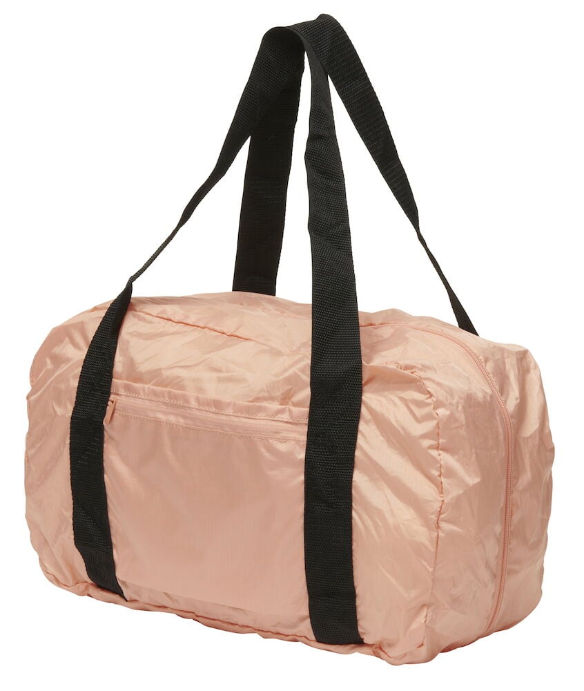 Ljusrosa duffelbag i polyester med svarta handtag.