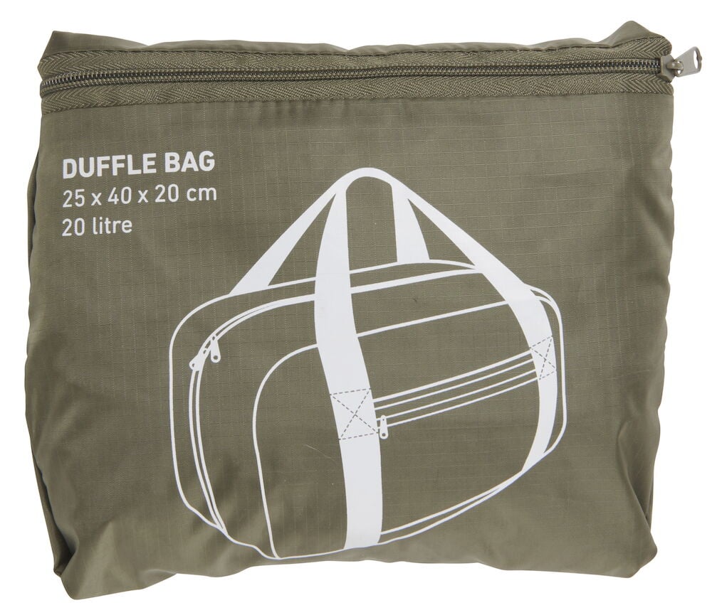Hopvikt khakigrön duffelbag med vit illustration.